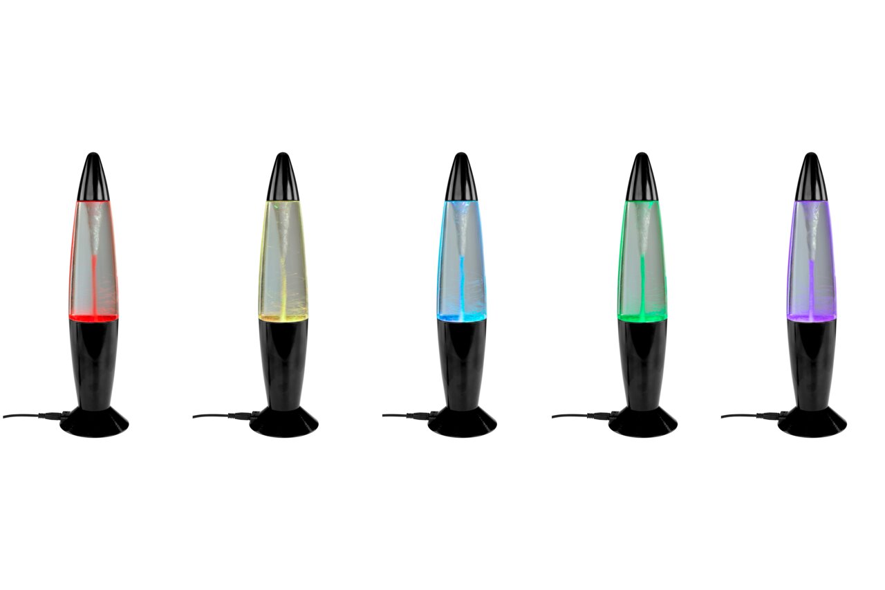 Fünf bunte Glitterleuchten in verschiedenen Farben, frontal betrachtet.