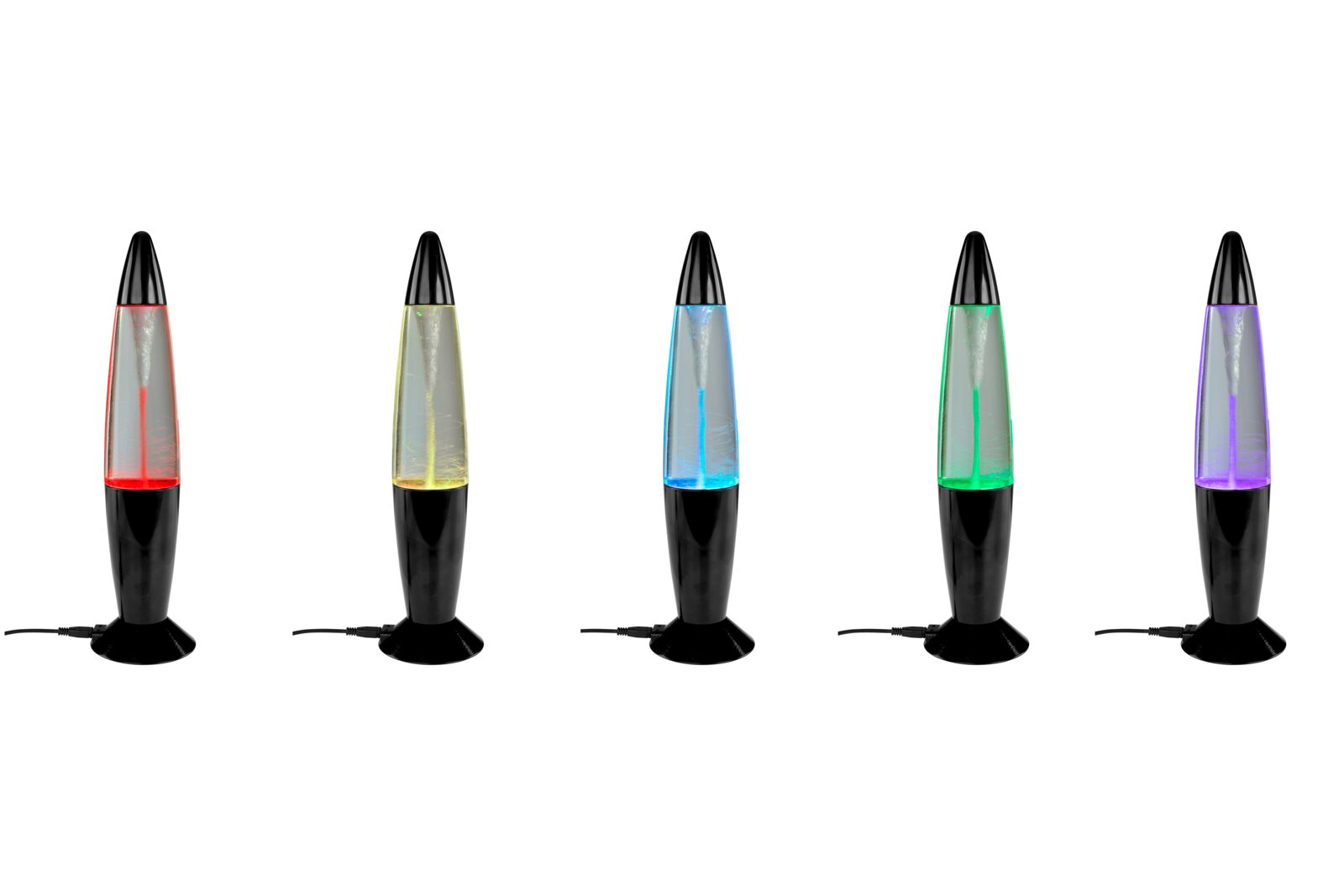 XORA Glitterleuchte STORM Fünf bunte Glitterleuchten in verschiedenen Farben, frontal betrachtet.