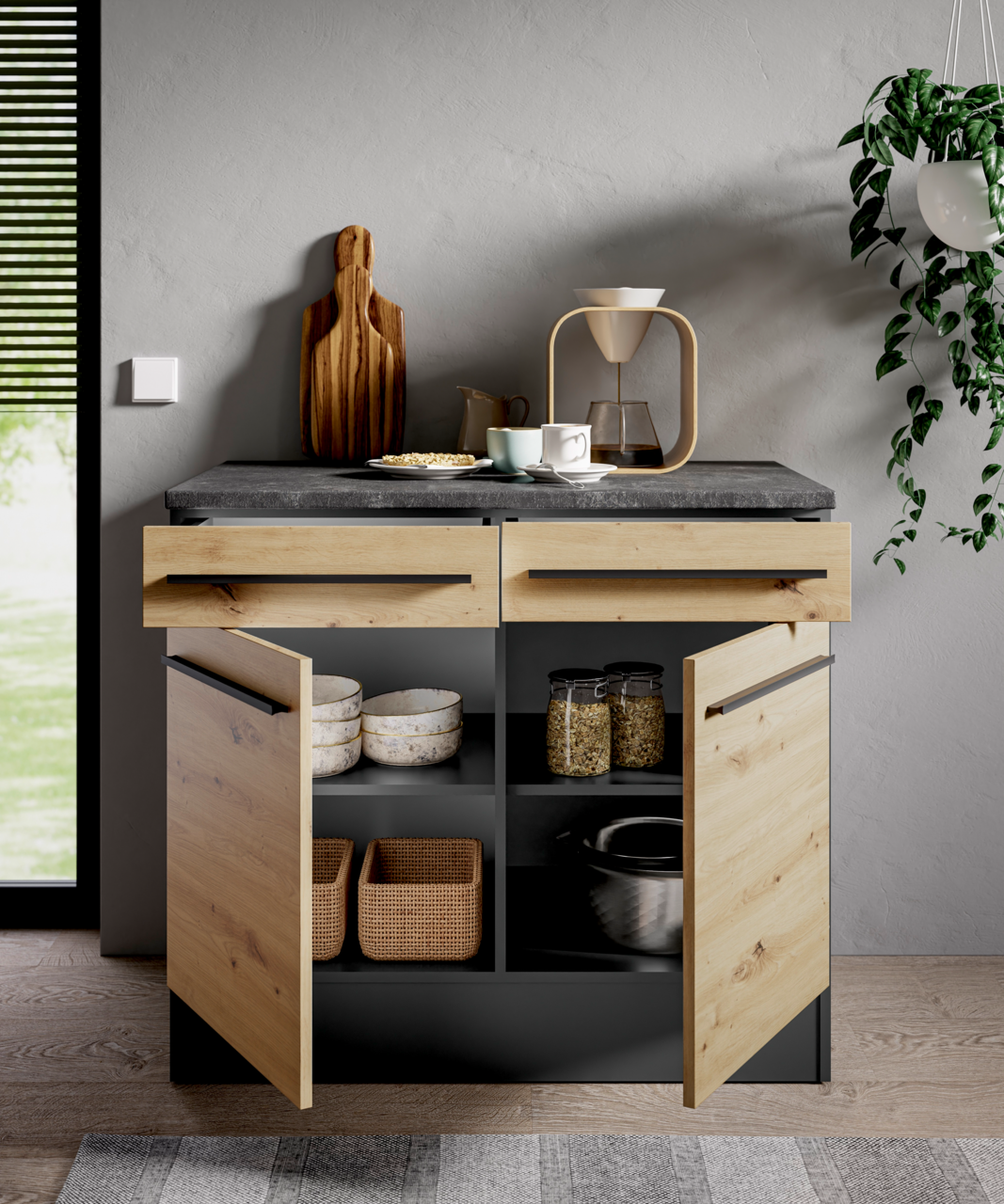 Moderner Unterschrank mit Holzfronten und offenen Türen, gefüllt mit Küchenutensilien, aus der Frontalperspektive.