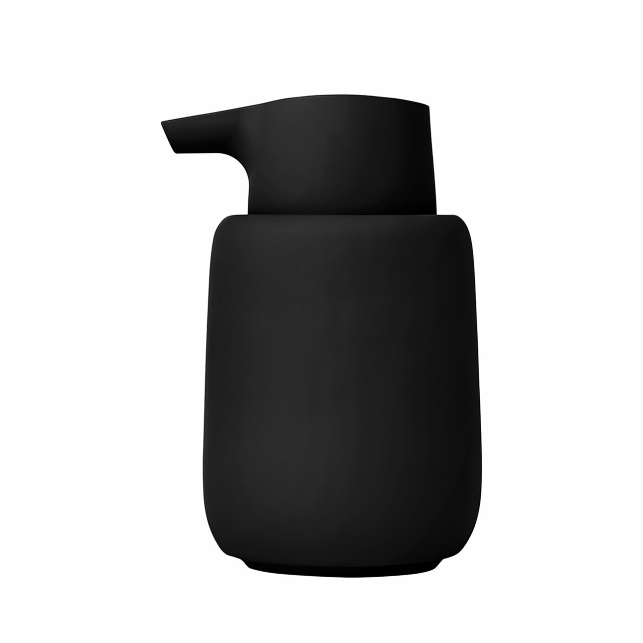 Schwarzer Seifenspender SONO in minimalistischem Design, seitliche Perspektive