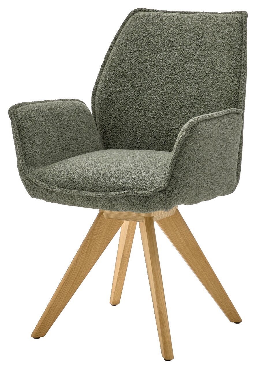 Grüner Armlehnstuhl mit Holzbeinen, seitliche Perspektive