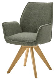 Grüner Armlehnstuhl mit Holzbeinen, seitliche Perspektive