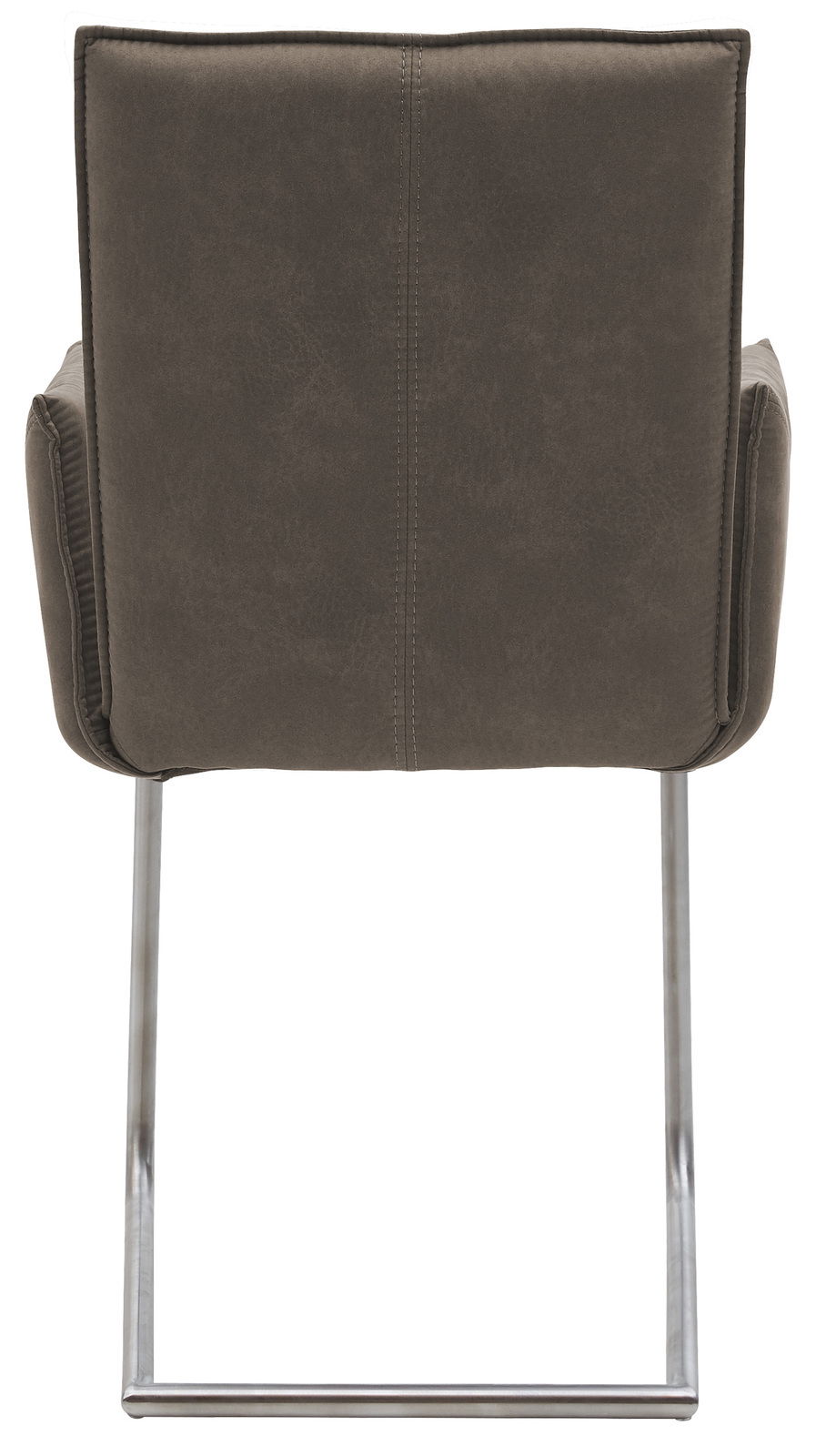 Rückansicht eines Freischwinger-Sessels mit grauem Polster und Metallgestell.