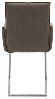 Rückansicht eines Freischwinger-Sessels mit grauem Polster und Metallgestell.