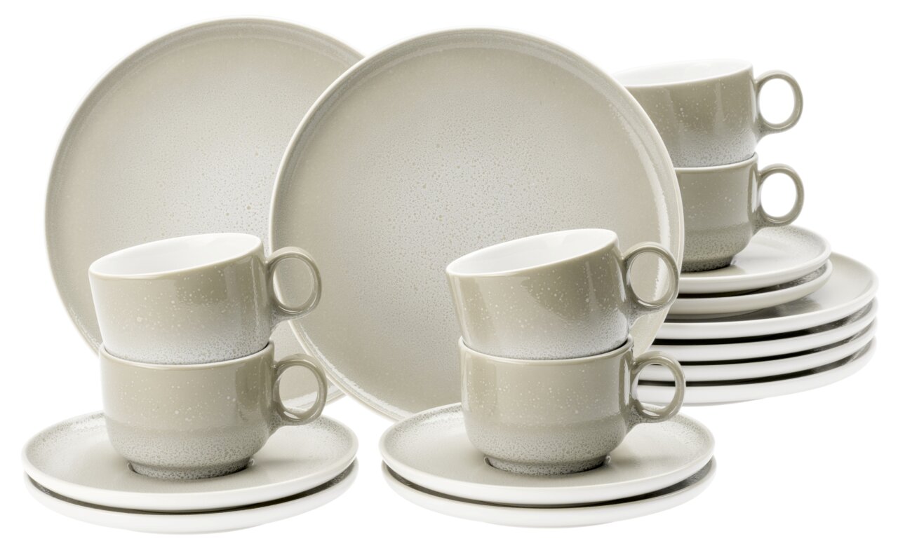 18-delig koffieservies in beige met kopjes, schoteltjes en borden, zijaanzicht