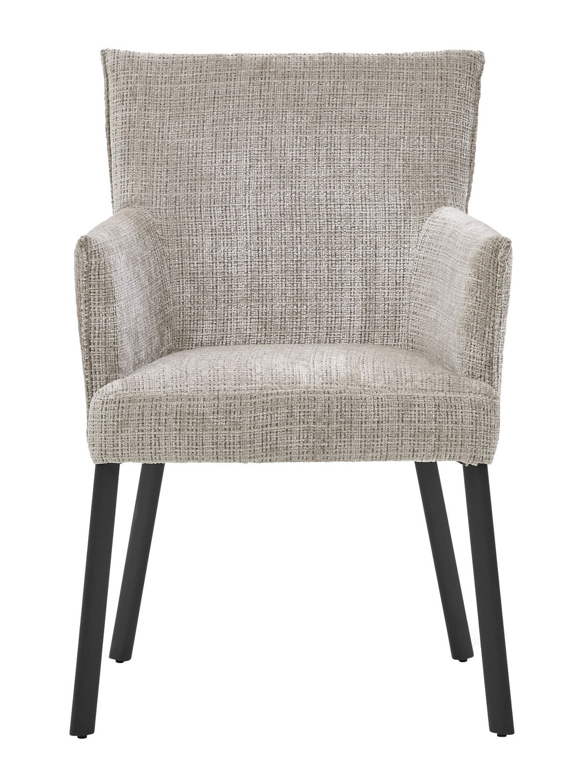 Grauer Armlehnstuhl mit Stoffbezug und schwarzen Beinen, Frontalansicht