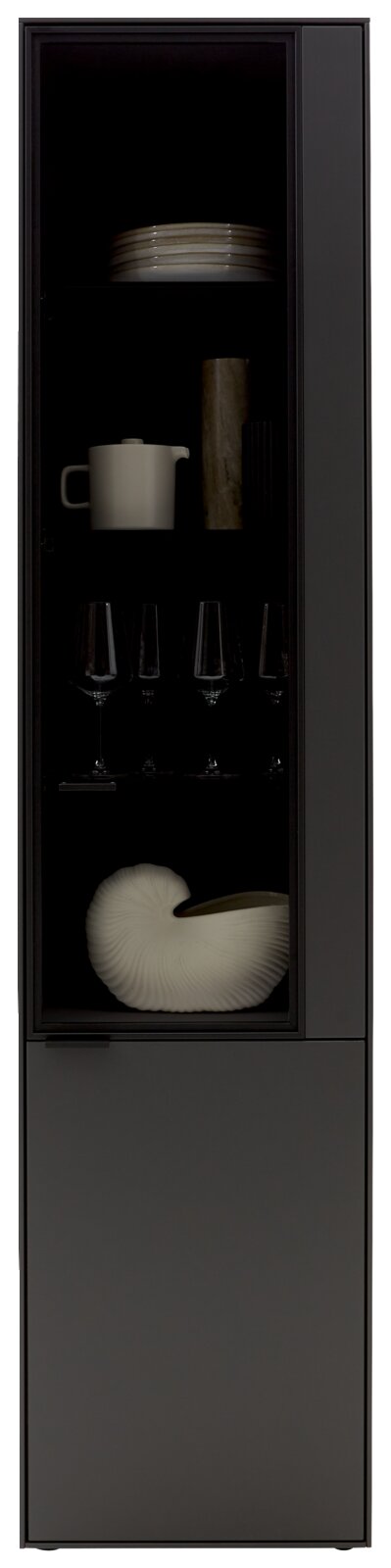 Moderne schwarze Vitrine mit Glastür, gefüllt mit Geschirr und Dekorationen, aus frontaler Perspektive.