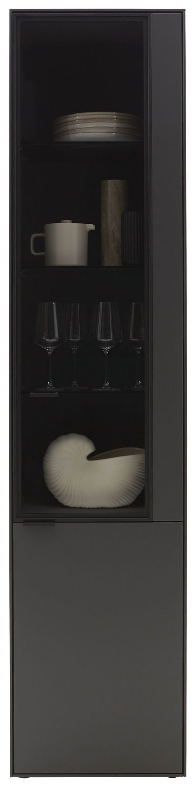 Moderne schwarze Vitrine mit Glastür, gefüllt mit Geschirr und Dekorationen, aus frontaler Perspektive.