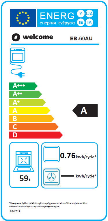 Energieeffizienzlabel für einen Backofen mit der Energieklasse A, einem Energieverbrauch von 0,76 kWh pro Zyklus und einem Fassungsvermögen von 59 Litern. Frontalansicht.