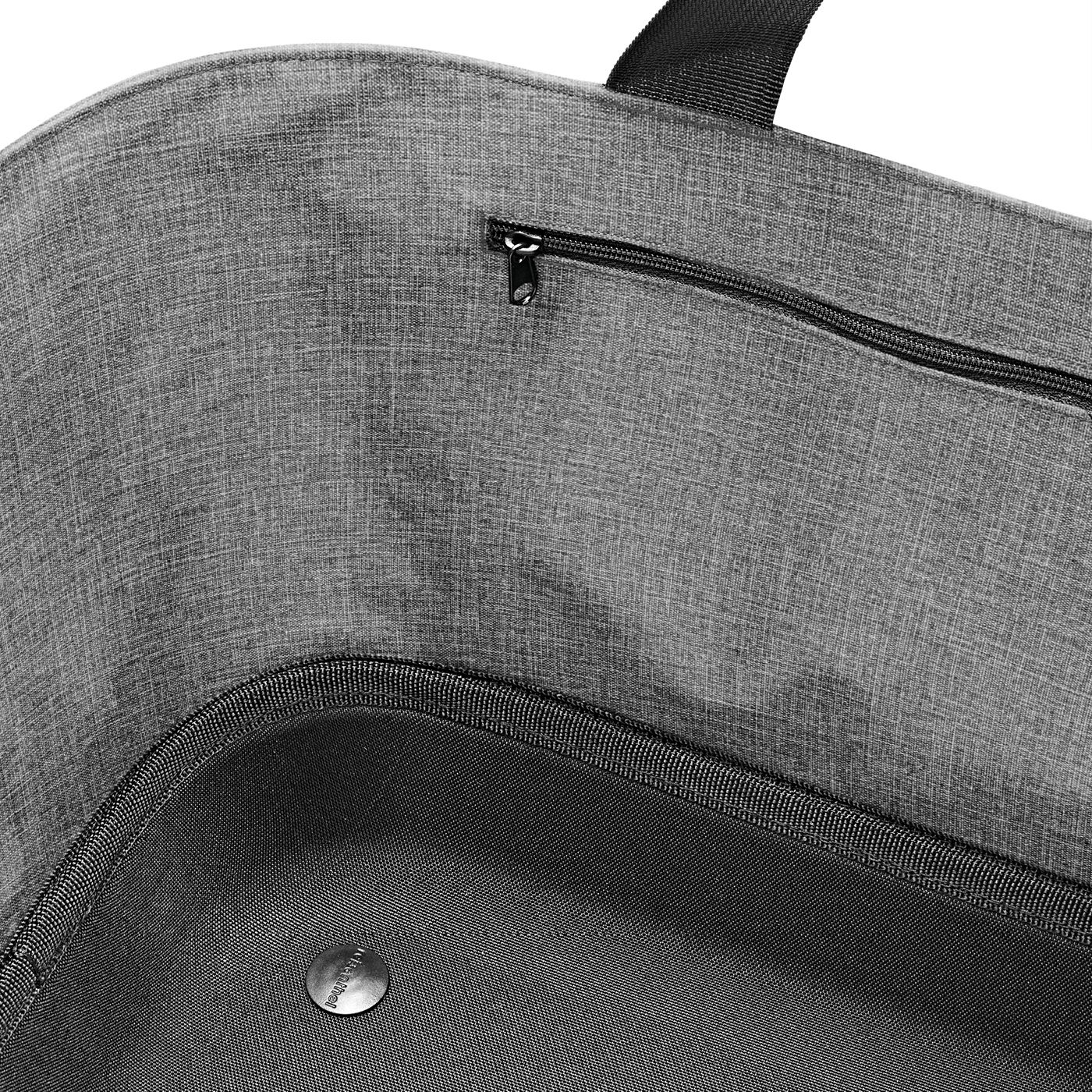 Innenansicht eines grauen Einkaufskorbs mit Reißverschlusstasche, aus der Vogelperspektive.