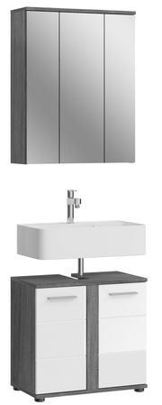 Moderne Badkombination mit Spiegelschrank und Waschbeckenunterschrank in Holzoptik, Frontalansicht