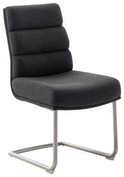 Moderner Freischwinger-Stuhl in dunklem Stoffbezug, seitliche Perspektive