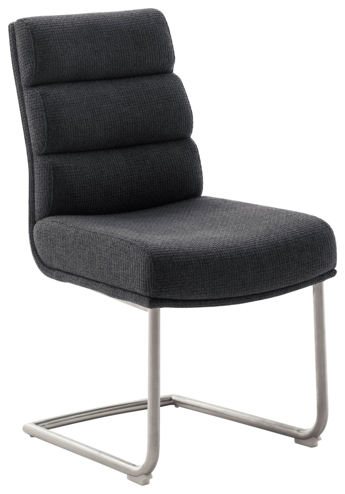 Moderner Freischwinger-Stuhl in dunklem Stoffbezug, seitliche Perspektive