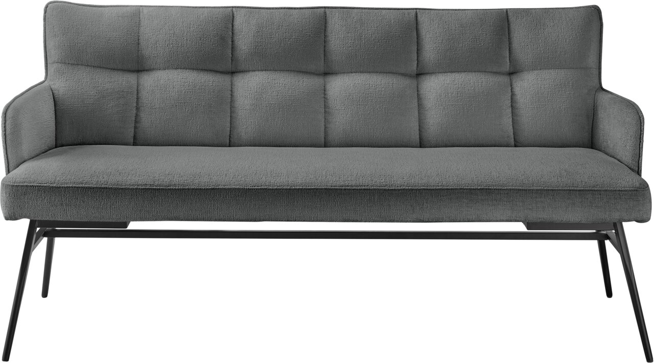 Graue Bank mit gepolsterter Rückenlehne und Sitzfläche, Metallbeine, Frontalansicht