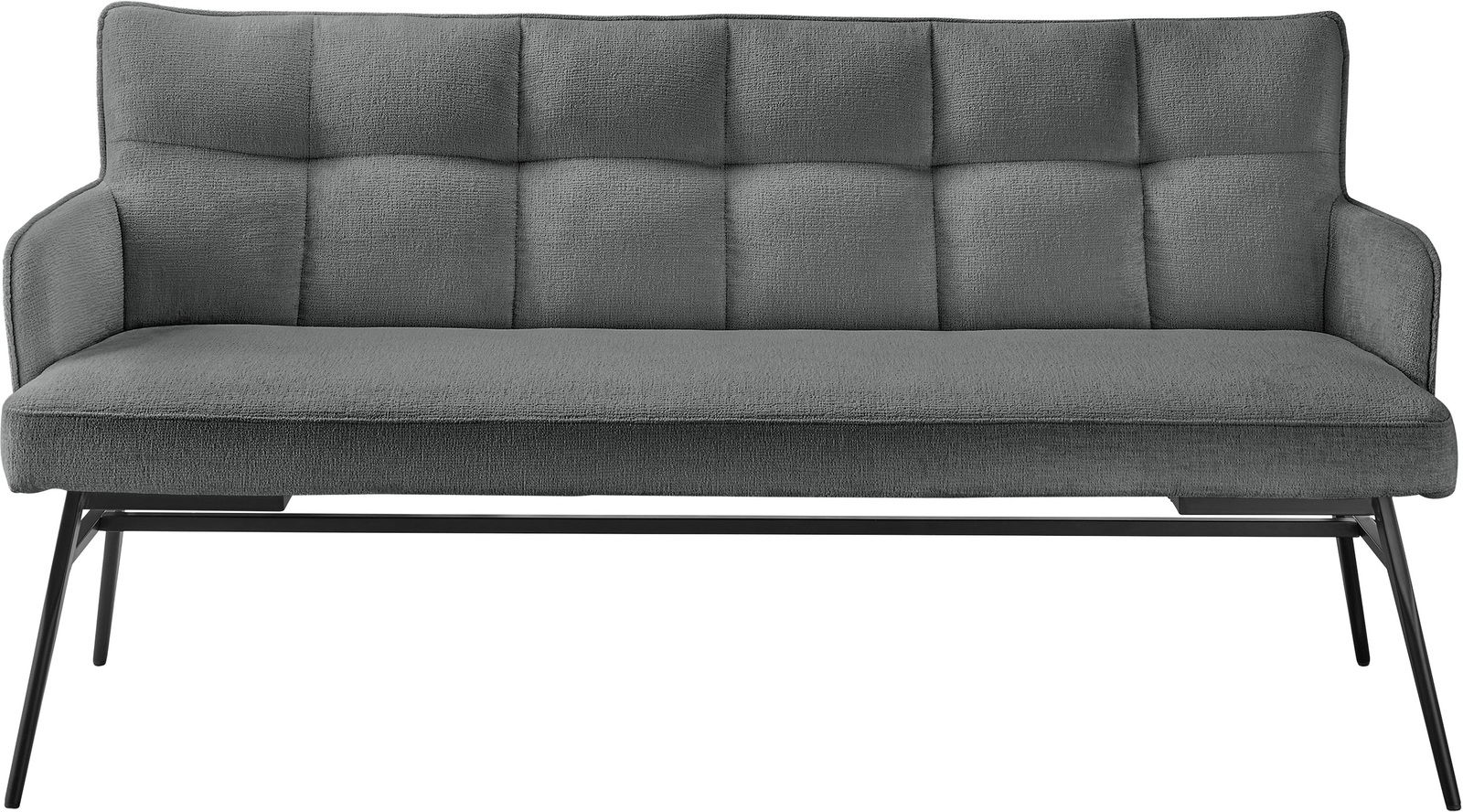 Graue Bank mit gepolsterter Rückenlehne und Sitzfläche, Metallbeine, Frontalansicht