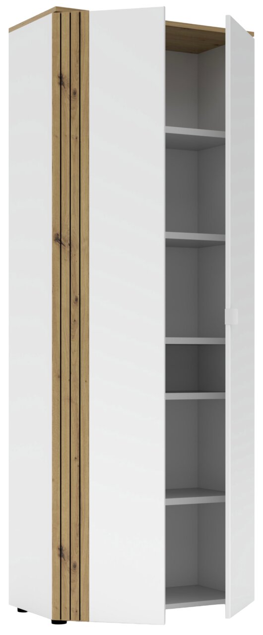 Moderner Büroschrank mit weißer Oberfläche und Holzakzenten, teilweise geöffnete Tür, seitliche Perspektive