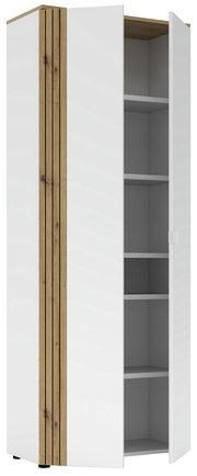 Moderner Büroschrank mit weißer Oberfläche und Holzakzenten, teilweise geöffnete Tür, seitliche Perspektive