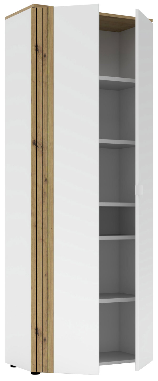 Moderner Büroschrank mit weißer Oberfläche und Holzakzenten, teilweise geöffnete Tür, seitliche Perspektive