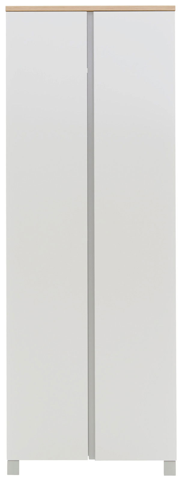 Moderner Dielenschrank in Weiß mit Holzoberfläche, Frontalansicht