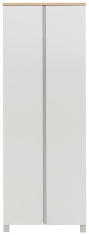 Moderner Dielenschrank in Weiß mit Holzoberfläche, Frontalansicht