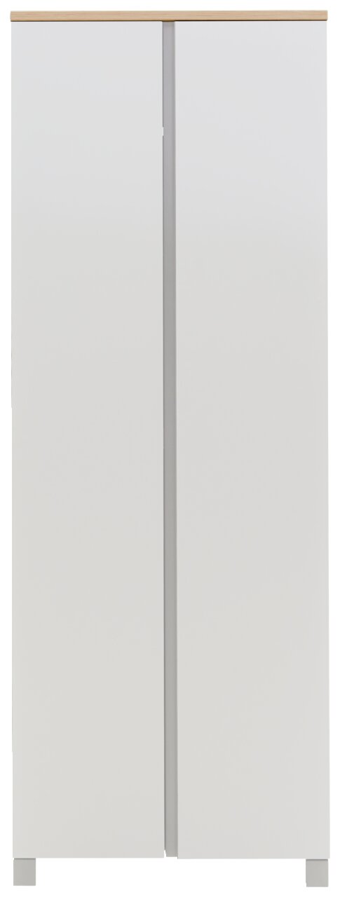 Moderner Dielenschrank in Weiß mit Holzoberfläche, Frontalansicht