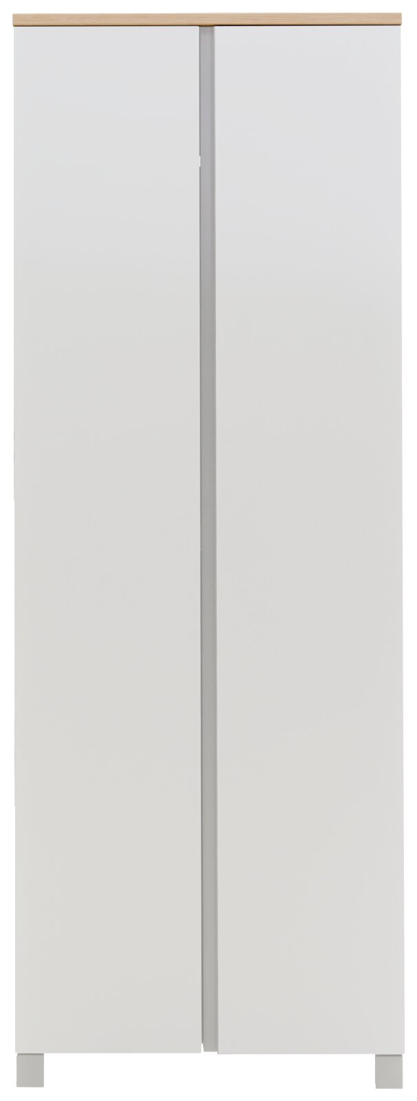 Moderner Dielenschrank in Weiß mit Holzoberfläche, Frontalansicht
