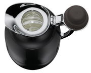 Ansicht von oben auf eine schwarze Isolierkanne Juwel mit glänzendem Deckel und offenem Verschluss.