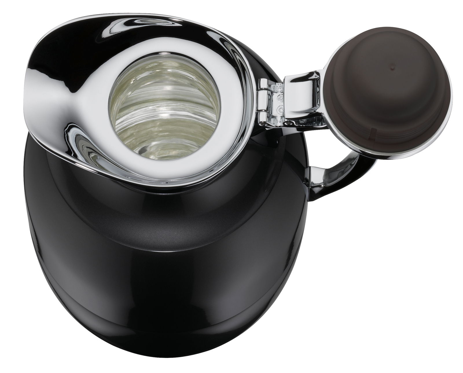 Ansicht von oben auf eine schwarze Isolierkanne Juwel mit glänzendem Deckel und offenem Verschluss.