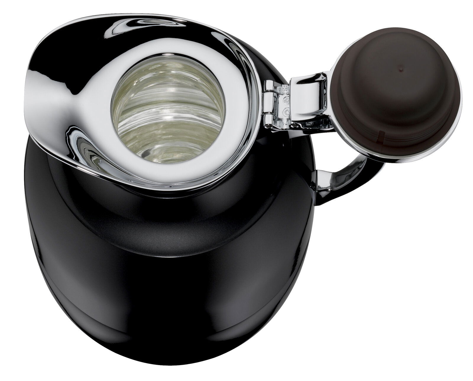 Ansicht von oben auf eine schwarze Isolierkanne Juwel mit glänzendem Deckel und offenem Verschluss.