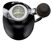 Ansicht von oben auf eine schwarze Isolierkanne Juwel mit glänzendem Deckel und offenem Verschluss.