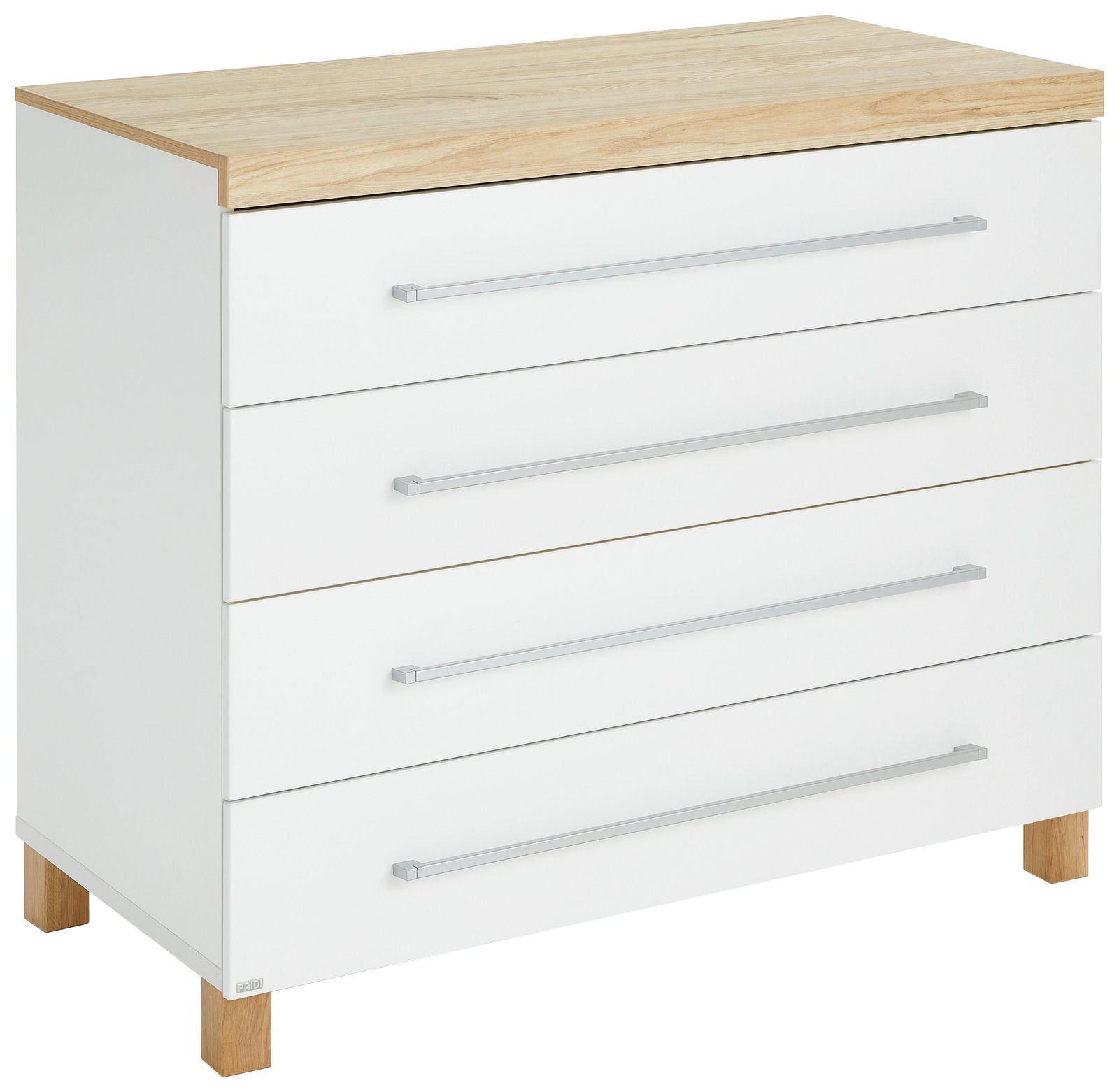Paidi Kommode LENNOX FRESH Weiße Kommode mit vier Schubladen und Holzplatte, seitliche Perspektive