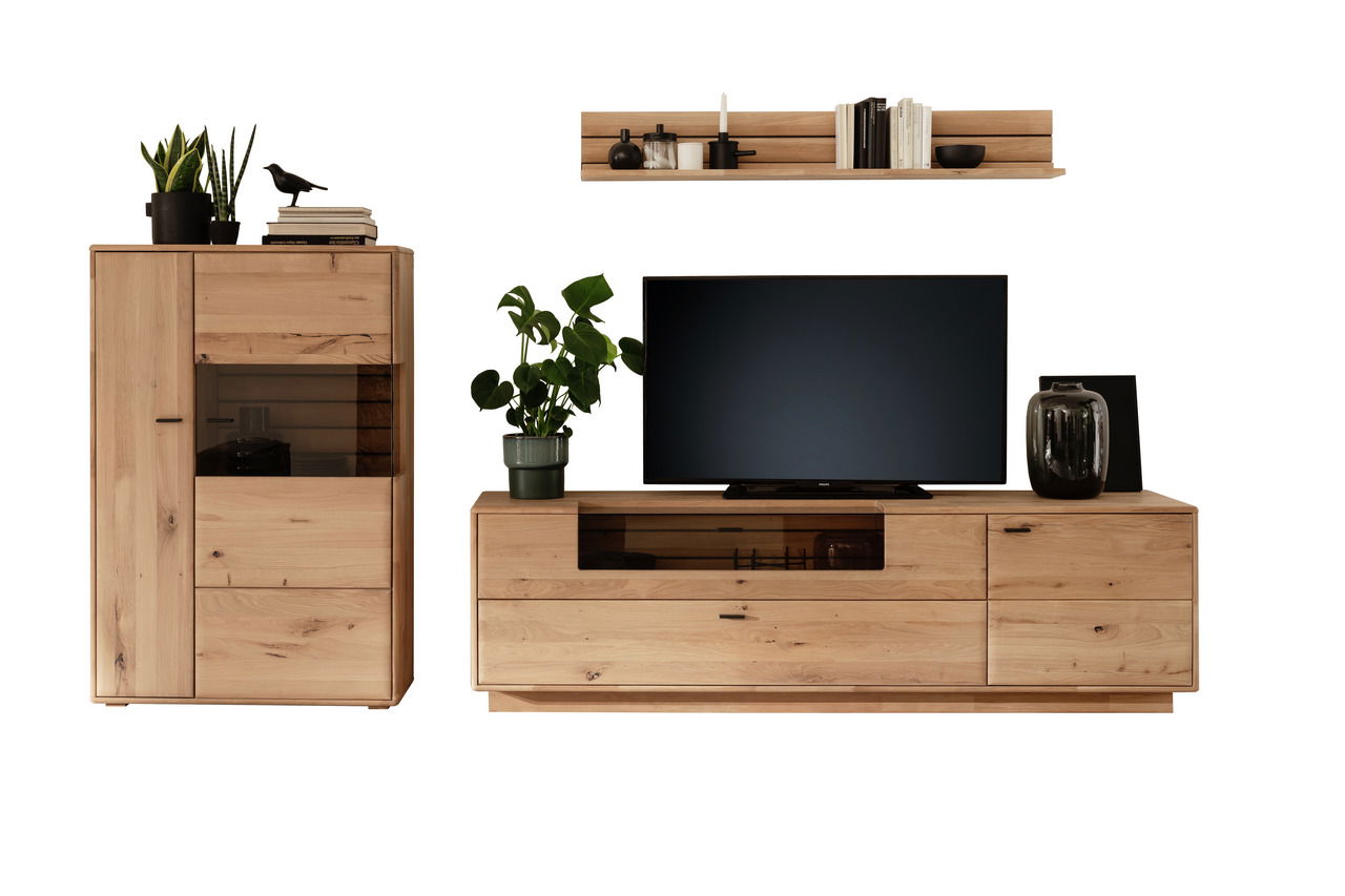 Frontale Ansicht einer modernen Wandkombination aus Holz mit einem TV-Schrank, einem hohen Schrank und einem Wandregal, dekoriert mit Pflanzen und Büchern.