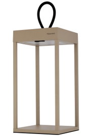 Moderne Akku-Tischleuchte in Beige mit schwarzem Griff, seitliche Perspektive