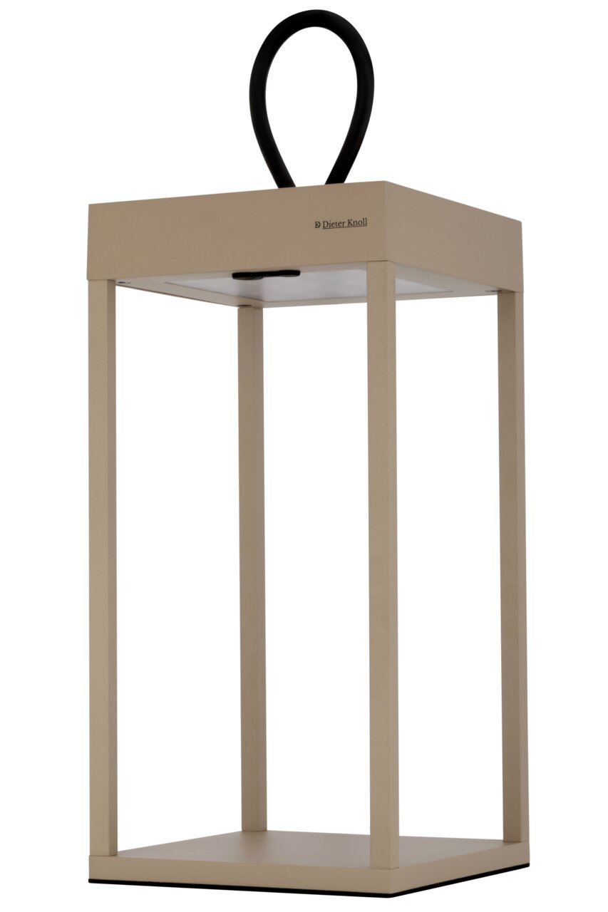 Moderne Akku-Tischleuchte in Beige mit schwarzem Griff, seitliche Perspektive