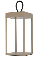 Moderne Akku-Tischleuchte in Beige mit schwarzem Griff, seitliche Perspektive