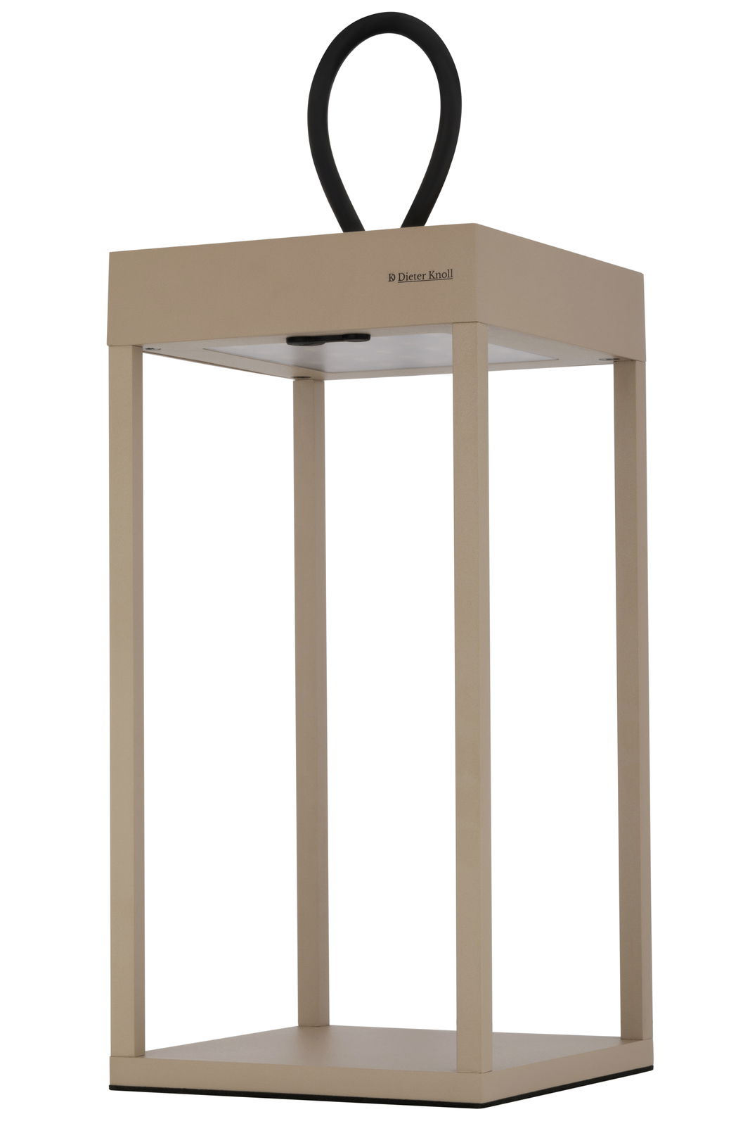 Moderne Akku-Tischleuchte in Beige mit schwarzem Griff, seitliche Perspektive