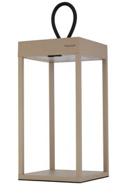 Moderne Akku-Tischleuchte in Beige mit schwarzem Griff, seitliche Perspektive