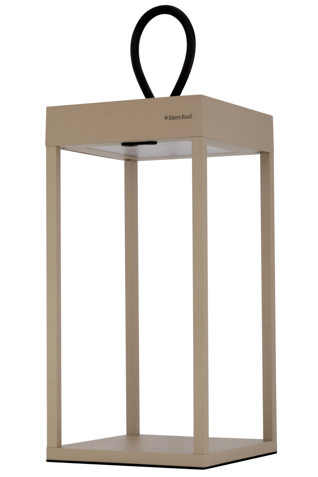 Moderne Akku-Tischleuchte in Beige mit schwarzem Griff, seitliche Perspektive