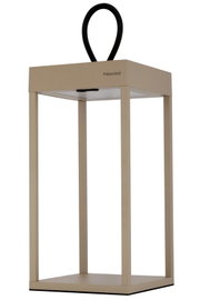 Moderne Akku-Tischleuchte in Beige mit schwarzem Griff, seitliche Perspektive