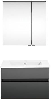 Frontale Ansicht einer modernen Badkombination mit Spiegelschrank und Waschbeckenunterschrank in elegantem Design.