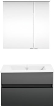 Frontale Ansicht einer modernen Badkombination mit Spiegelschrank und Waschbeckenunterschrank in elegantem Design.