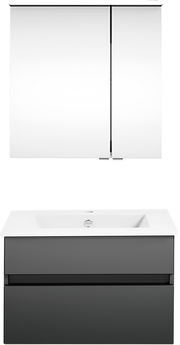 Frontale Ansicht einer modernen Badkombination mit Spiegelschrank und Waschbeckenunterschrank in elegantem Design.