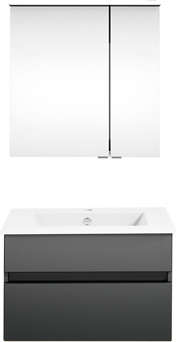 Frontale Ansicht einer modernen Badkombination mit Spiegelschrank und Waschbeckenunterschrank in elegantem Design.