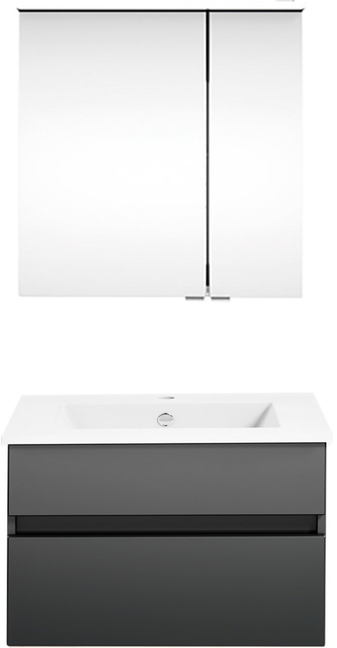 Vooraanzicht van een moderne badkamercombinatie met spiegelkast en wastafelonderkast in een elegant ontwerp.