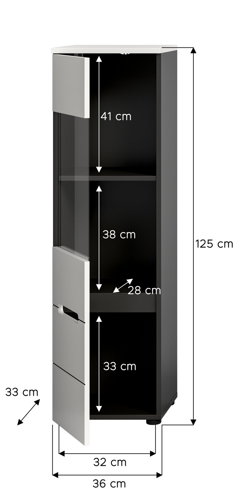 Schmaler Hochschrank in Schwarz mit weißer Tür und Glaseinsatz, mit Maßangaben (Höhe 125 cm, Breite 36 cm, Tiefe 33 cm) und Innenfächern; Perspektive: frontale Ansicht leicht von links.