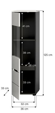 Schmaler Hochschrank in Schwarz mit weißer Tür und Glaseinsatz, mit Maßangaben (Höhe 125 cm, Breite 36 cm, Tiefe 33 cm) und Innenfächern; Perspektive: frontale Ansicht leicht von links.