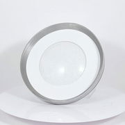 Runde LED-Deckenleuchte in Silber und Weiß, frontal fotografiert