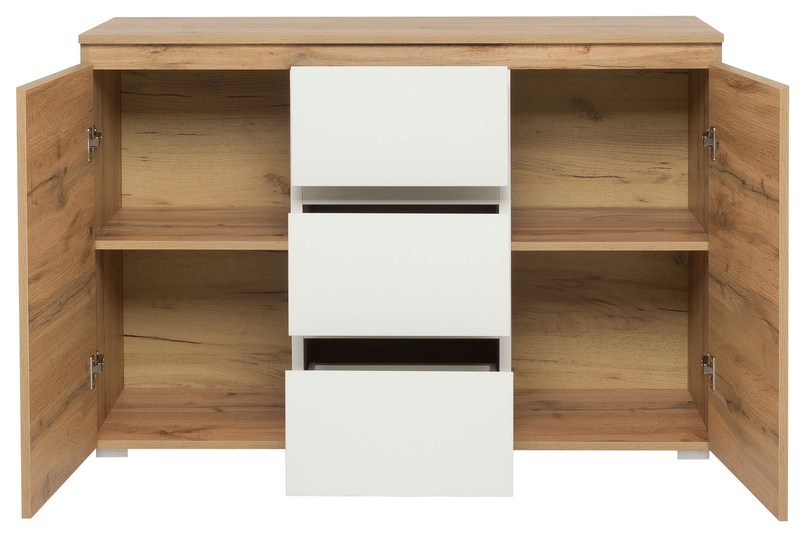 Z2 Kommode IMAGE Kommode aus Holz mit zwei offenen Türen und drei weißen Schubladen, frontale Ansicht