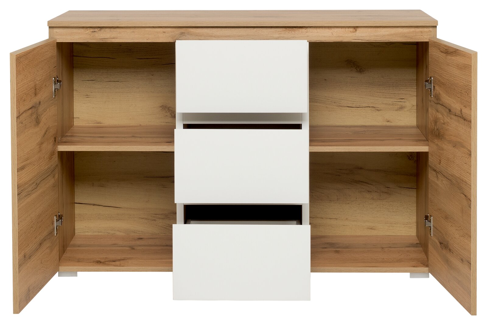 Kommode aus Holz mit zwei offenen Türen und drei weißen Schubladen, frontale Ansicht