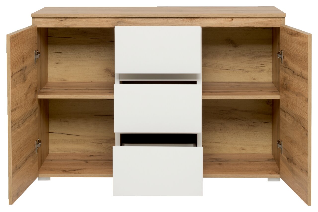 Z2 Kommode IMAGE Kommode aus Holz mit zwei offenen Türen und drei weißen Schubladen, frontale Ansicht